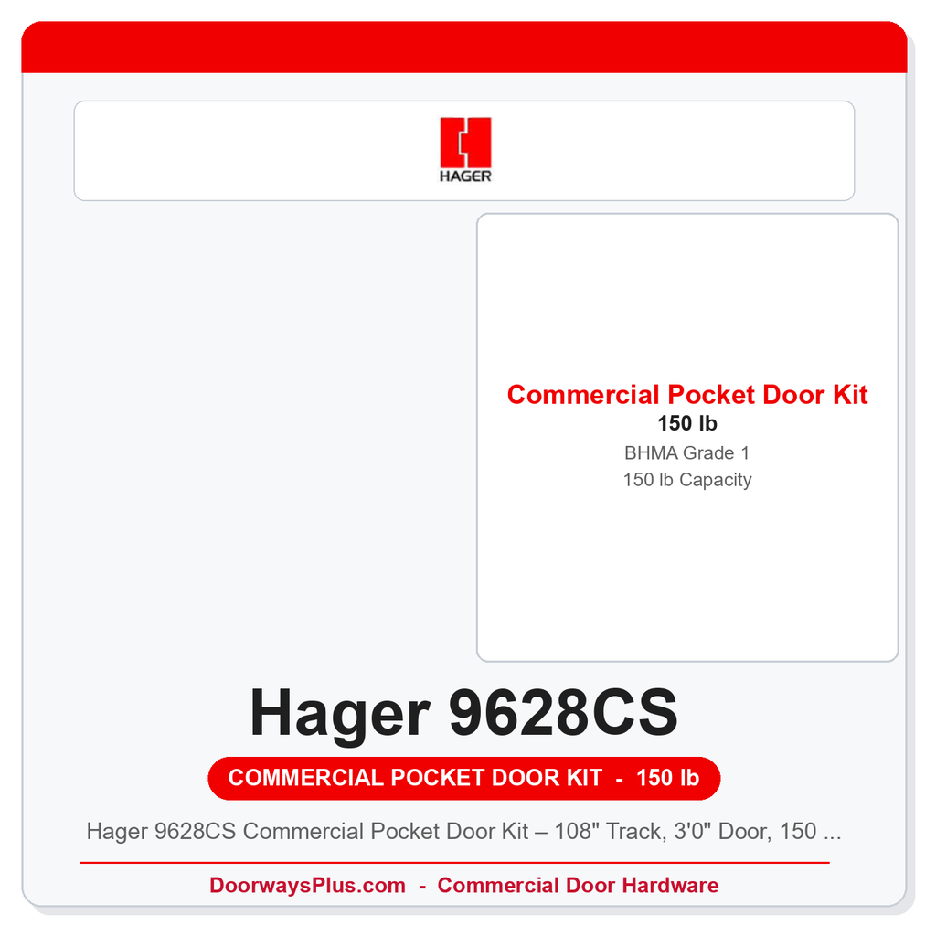 Hager 9628CS Commercial Pocket Door Kit – 108" Track, 3'0" Door, 150 lb, BHMA Grade 1