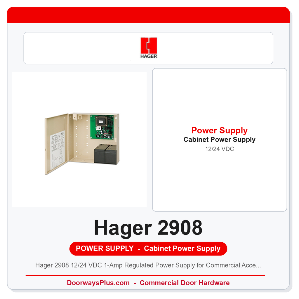 Hager 2908 12/24 VDC 1-Amp Regulated Power Supply for Commercial Access Control | 120VAC Input