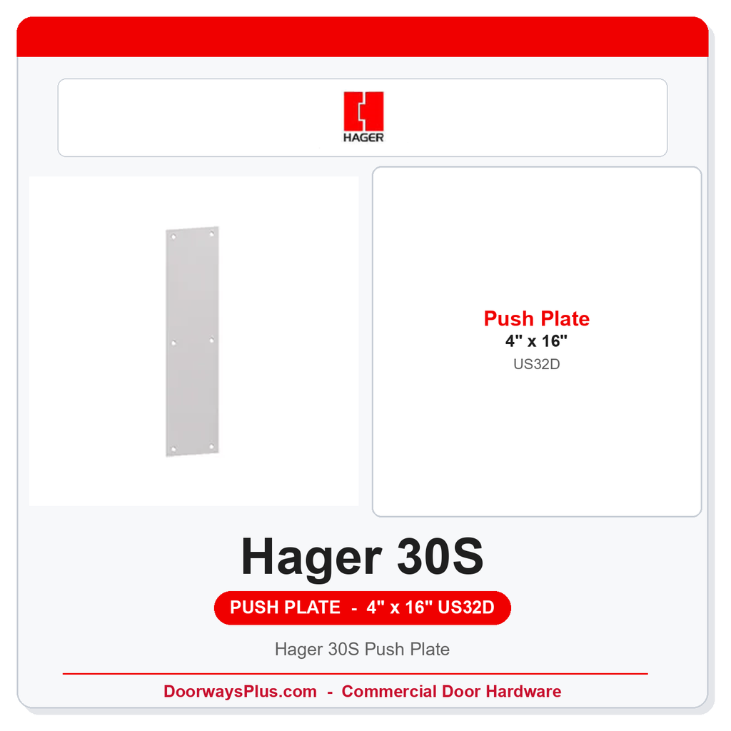 Hager 30S Push Plate | 4" x 16" Square Corner | US19, US28, US32D