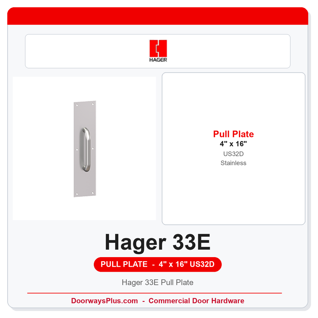 Hager 33E Pull Plate | 4" x 16" | US19 Flat Black & US32D Satin Stainless | ANSI A156.6