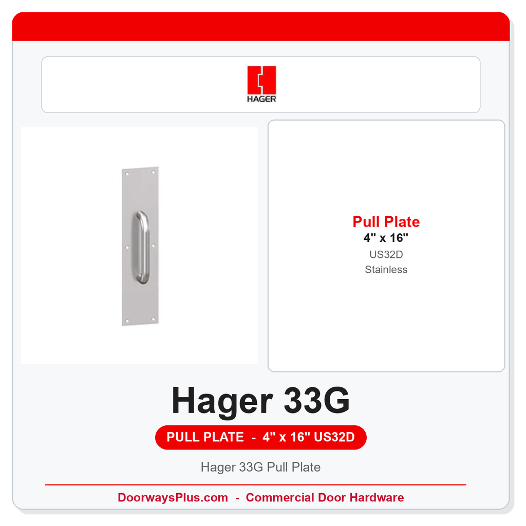 Hager 33G Pull Plate | 4" x 16" | 8" CTC | Satin Stainless US32D/630