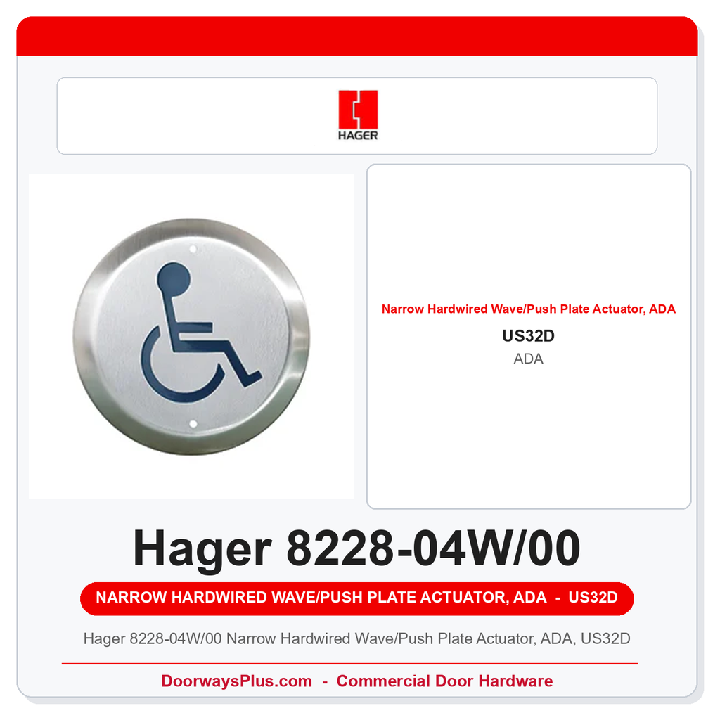 Hager 8228-04W/00 Narrow Hardwired Wave/Push Plate Actuator, ADA, US32D