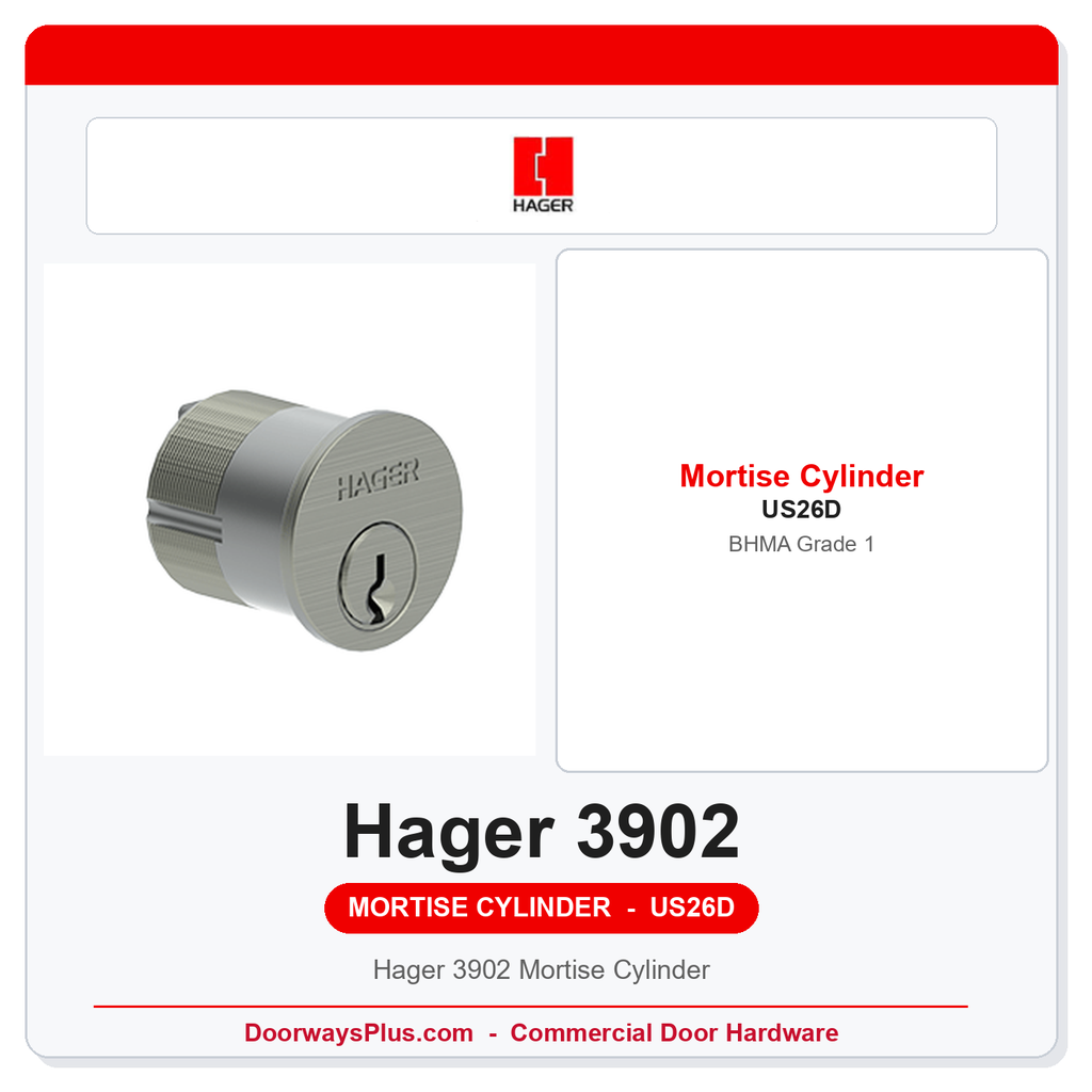 Hager 3902 Mortise Cylinder | ANSI/BHMA Grade 1 | 1-1/4" US26D Satin Chrome