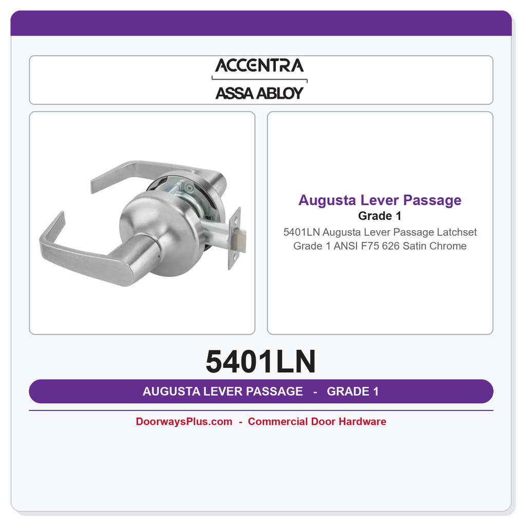 Accentra 5401LN Augusta Lever Passage Latchset | Grade 1 | ANSI F75 | 626 Satin Chrome