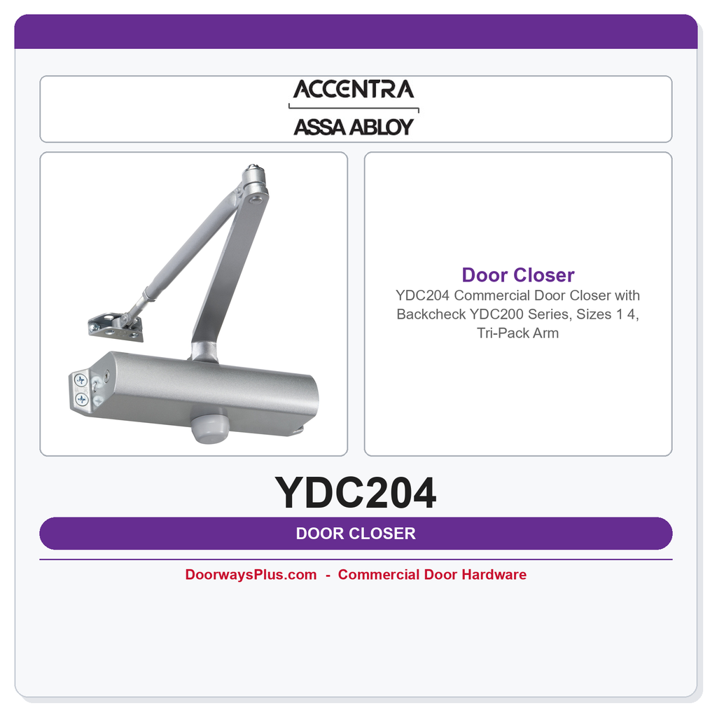 Accentra YDC204 Commercial Door Closer with Backcheck | YDC200 Series, Sizes 1–4, Tri-Pack Arm