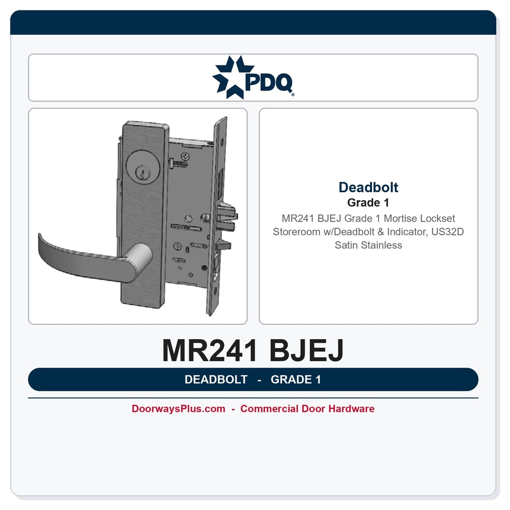 PDQ MR241 BJEJ Grade 1 Mortise Lockset – Storeroom w/Deadbolt & Indicator, US32D Satin Stainless