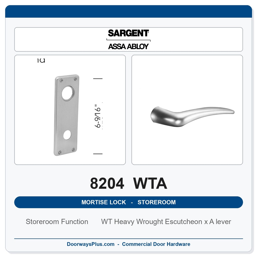Sargent 8204 WTA Trim Storeroom or Closet Mortise Lockset | LA Keyway, Grade 1 Commercial