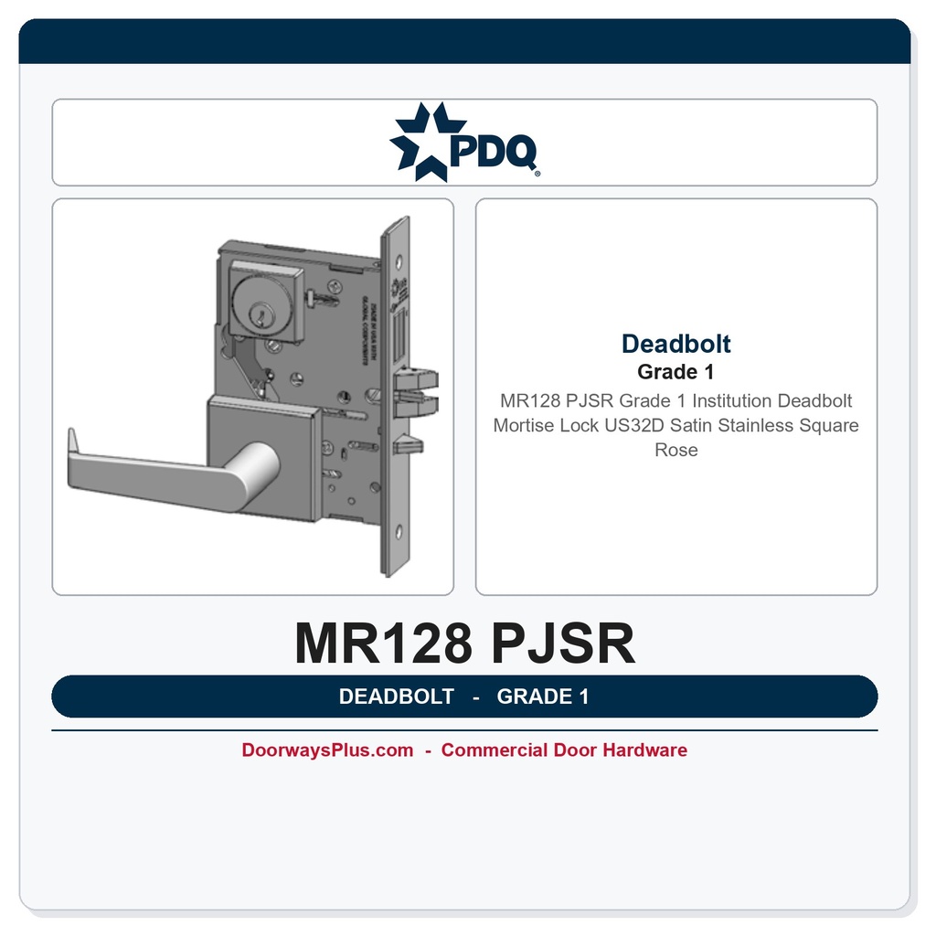 PDQ MR128 PJSR Grade 1 Institution Deadbolt Mortise Lock US32D Satin Stainless Square Rose