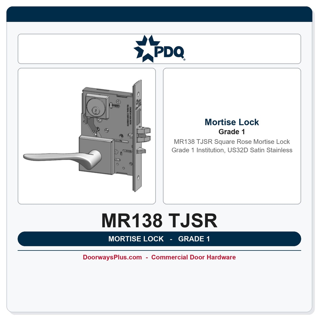 PDQ MR138 TJSR Square Rose Mortise Lock – Grade 1 Institution, US32D Satin Stainless