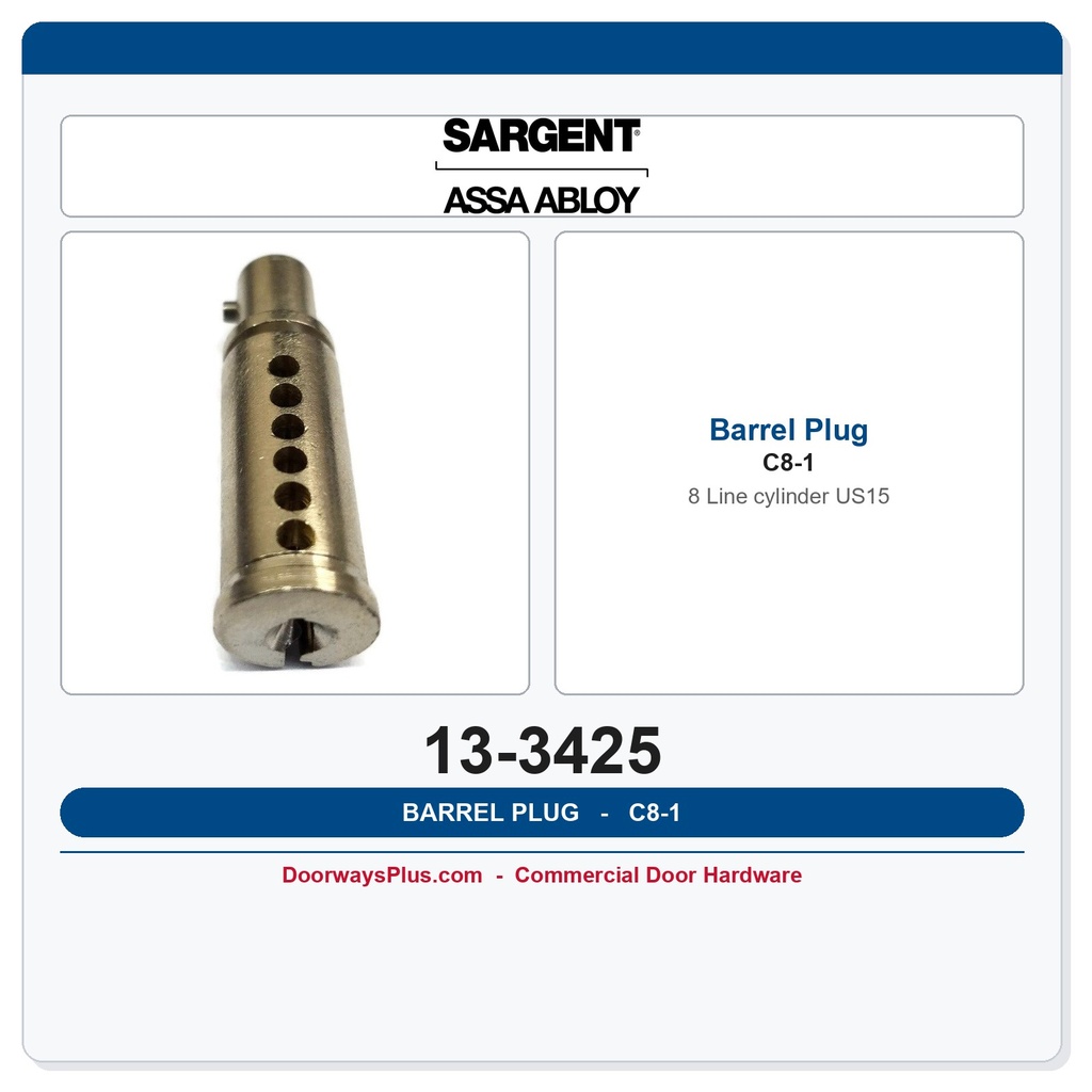 Sargent 13-3425 C8-1 Cylinder Barrel Plug – US15 Satin Nickel