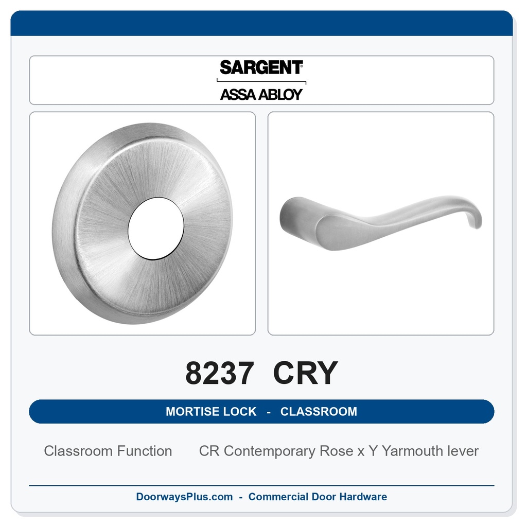 Sargent 8237 CRY Trim Classroom Mortise Lockset | LA Keyway, Grade 1 Commercial
