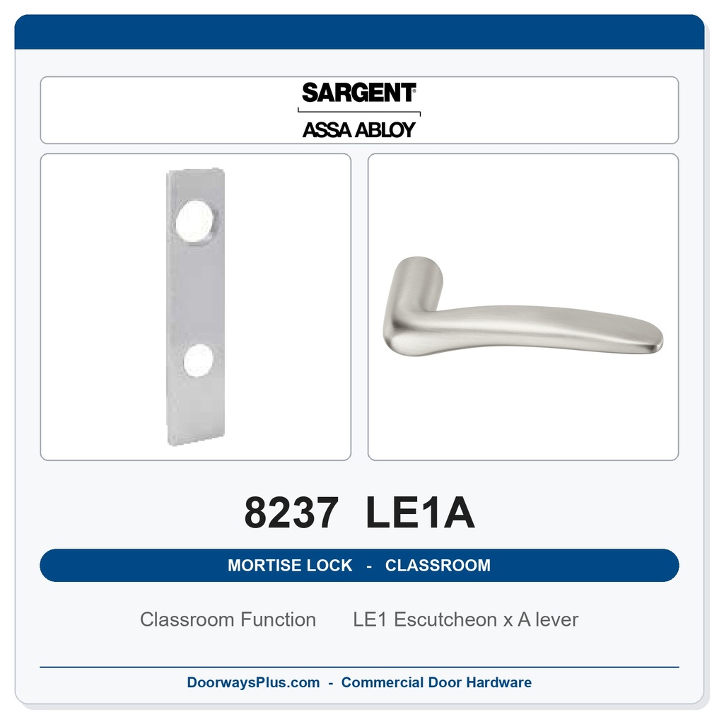 Sargent 8237 LE1A Trim Classroom Mortise Lockset | LA Keyway, Grade 1 Commercial