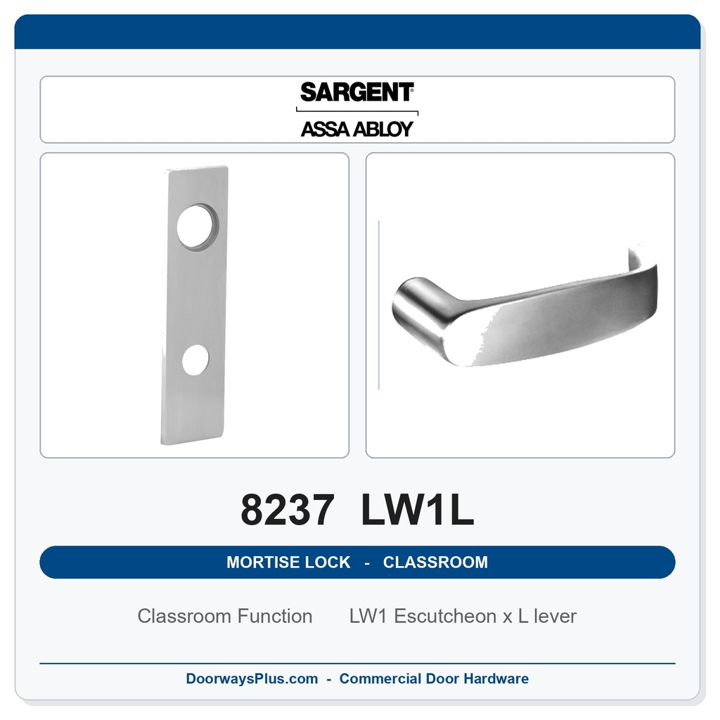Sargent 8237 LW1L Trim Classroom Mortise Lockset | LA Keyway, Grade 1 Commercial