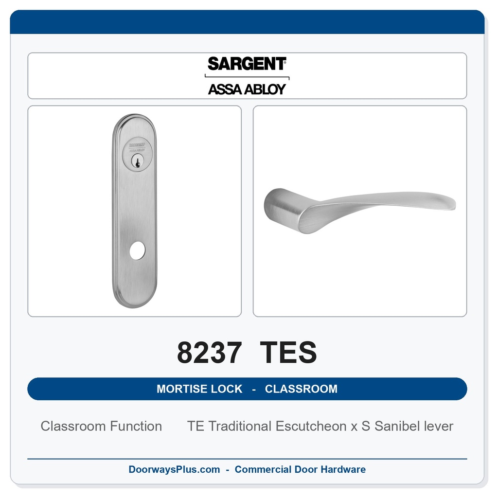 Sargent 8237 TES Trim Classroom Mortise Lockset | LA Keyway, Grade 1 Commercial