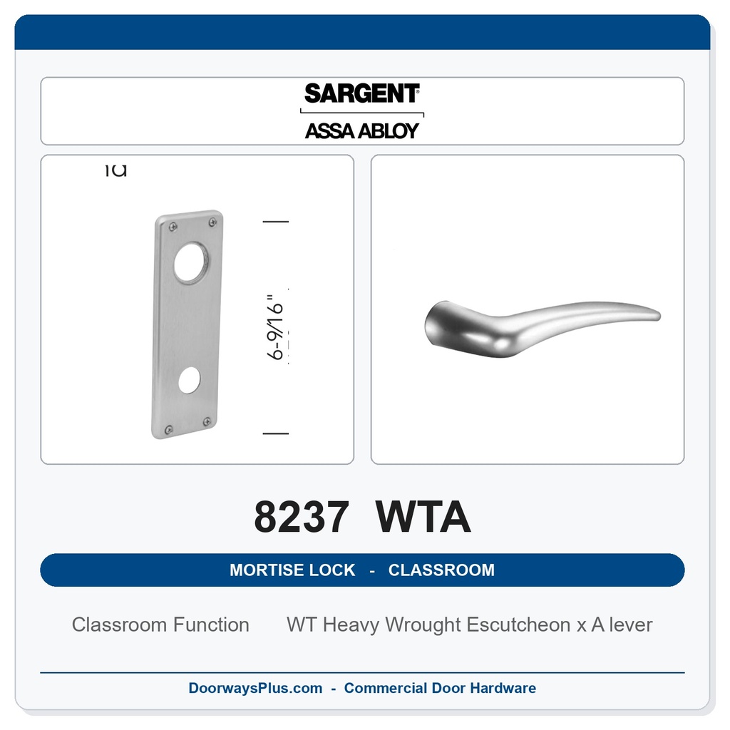 Sargent 8237 WTA Trim Classroom Mortise Lockset | LA Keyway, Grade 1 Commercial