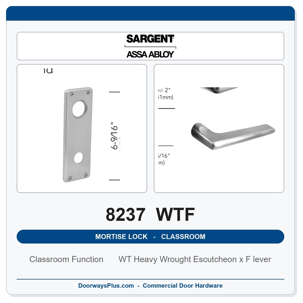 Sargent 8237 WTF Trim Classroom Mortise Lockset | LA Keyway, Grade 1 Commercial