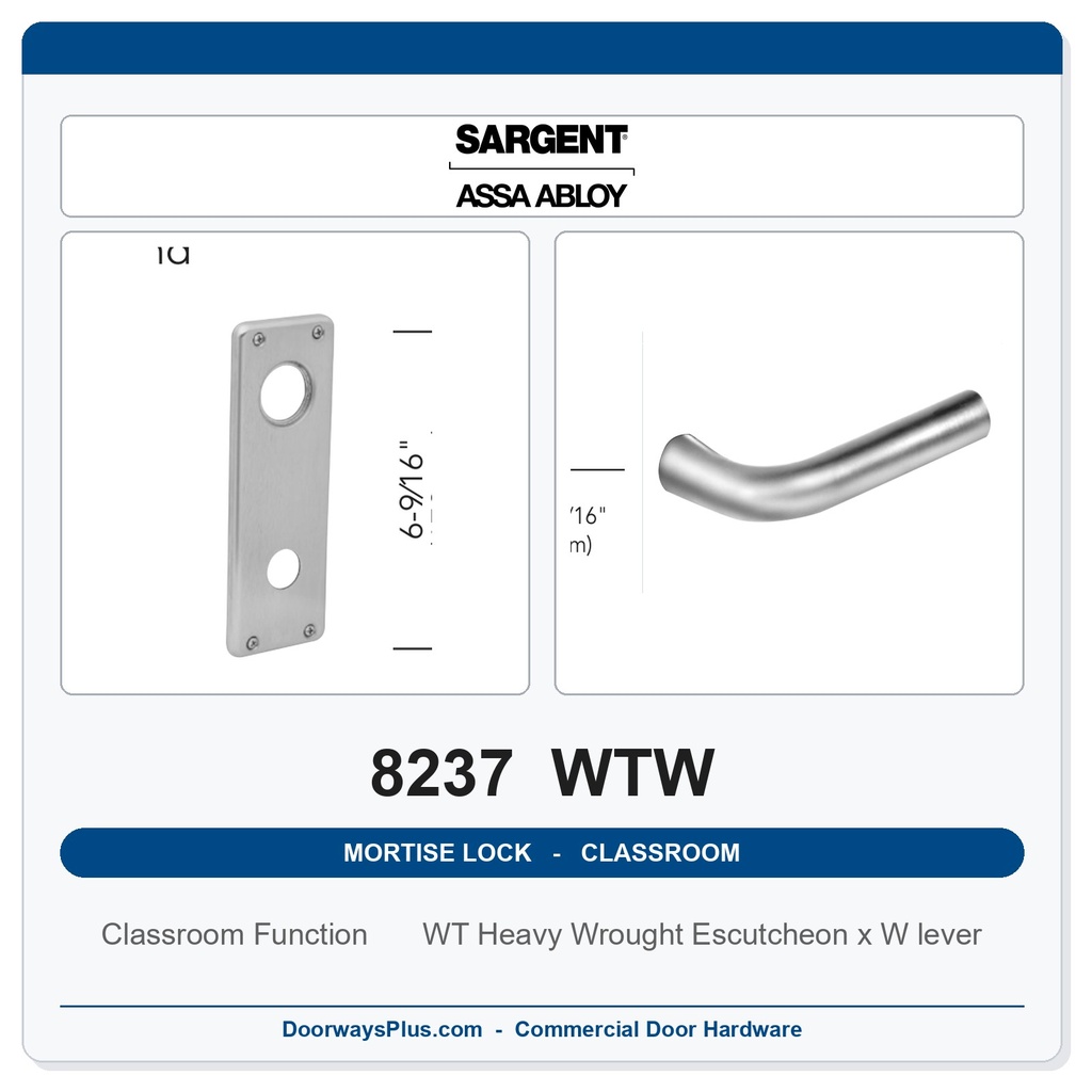 Sargent 8237 WTW Trim Classroom Mortise Lockset | LA Keyway, Grade 1 Commercial