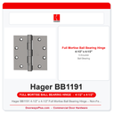 Hager BB1191 4-1/2" x 4-1/2" Full Mortise Ball Bearing Hinge – Non-Ferrous, 5 Knuckle