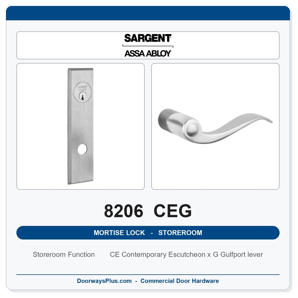 Sargent 8206 CEG Trim Storeroom or Service Mortise Lockset | LA Keyway, Grade 1 Commercial