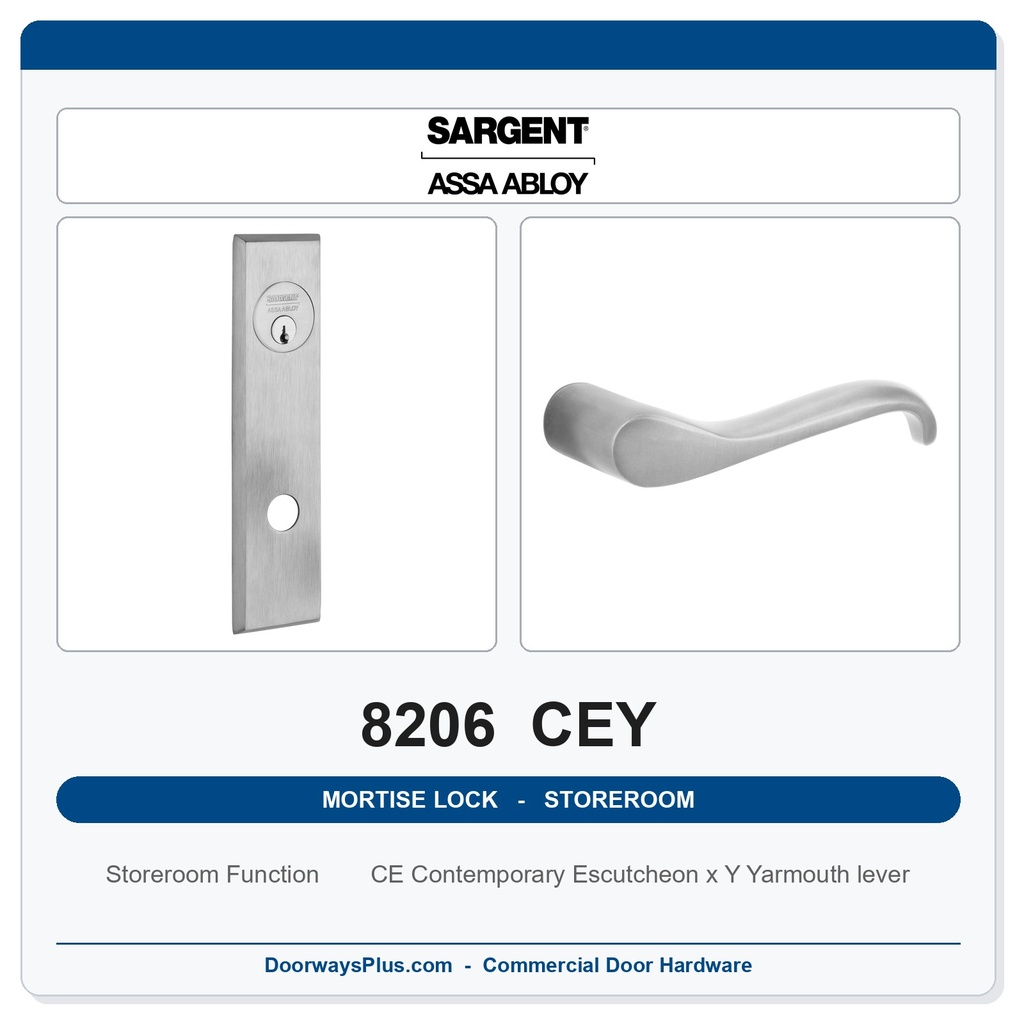 Sargent 8206 CEY Trim Storeroom or Service Mortise Lockset | LA Keyway, Grade 1 Commercial