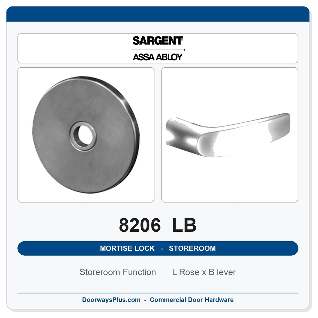 Sargent 8206 LB Trim Storeroom or Service Mortise Lockset | LA Keyway, Grade 1 Commercial