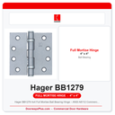 Hager BB1279 4x4 Full Mortise Ball Bearing Hinge – ANSI A8112 Commercial Steel
