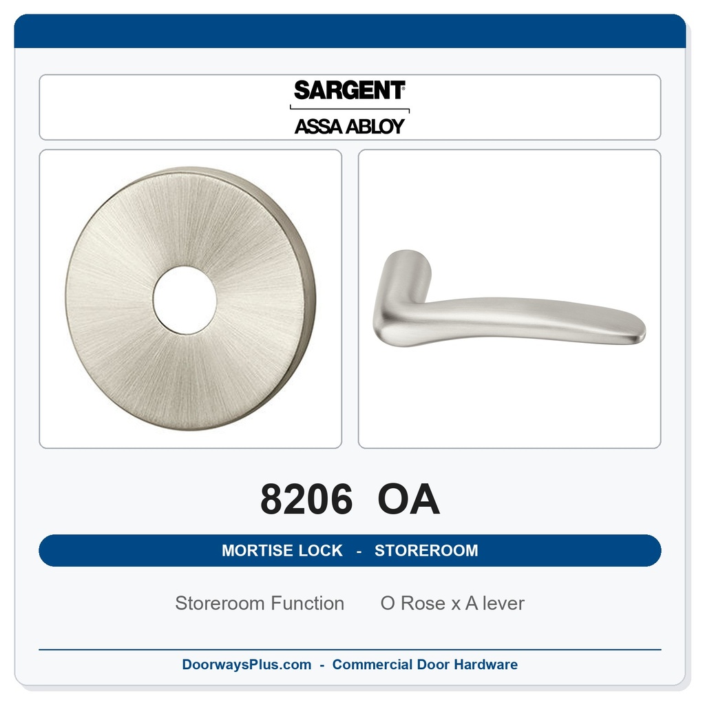Sargent 8206 OA Trim Storeroom or Service Mortise Lockset | LA Keyway, Grade 1 Commercial