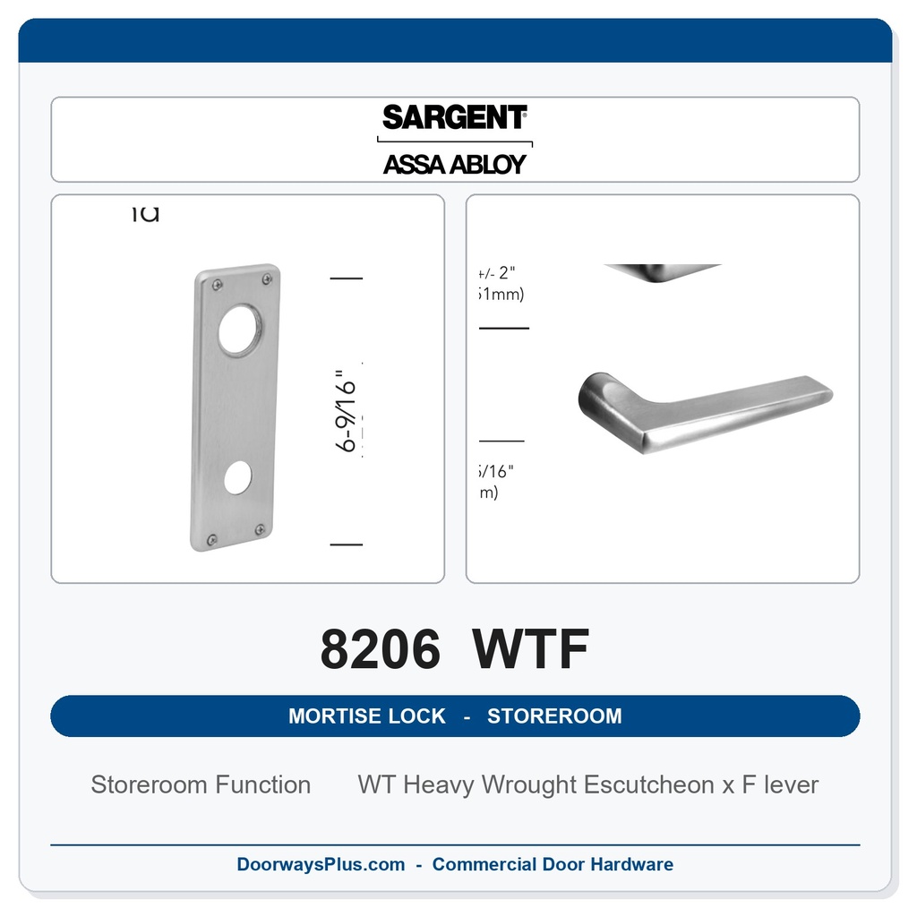 Sargent 8206 WTF Trim Storeroom or Service Mortise Lockset | LA Keyway, Grade 1 Commercial