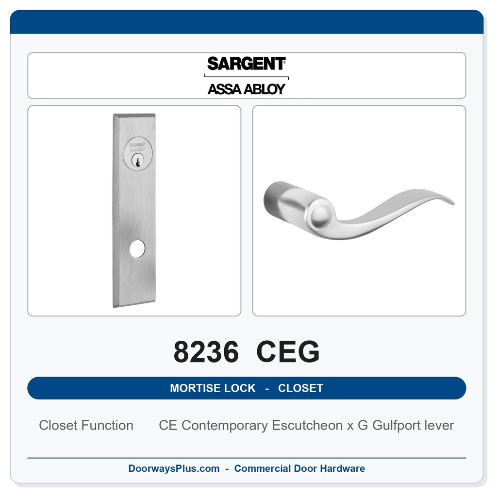 Sargent 8236 CEG Trim Closet Mortise Lockset | LA Keyway, Grade 1 Commercial