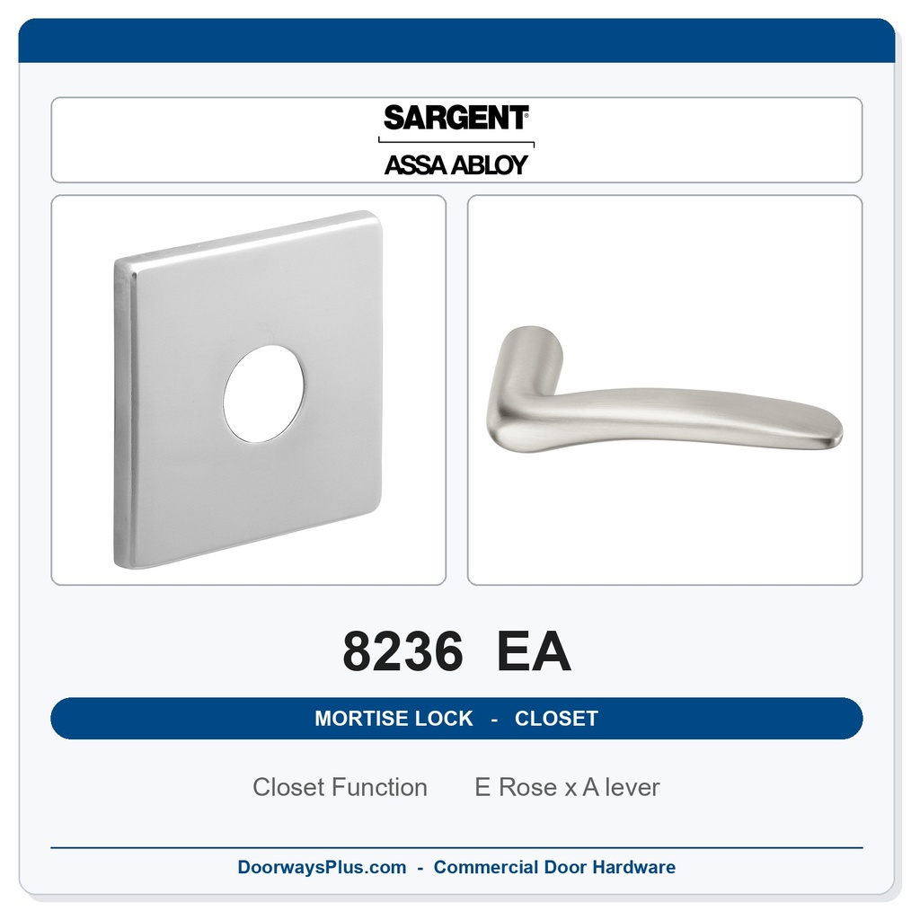 Sargent 8236 EA Trim Closet Mortise Lockset | LA Keyway, Grade 1 Commercial