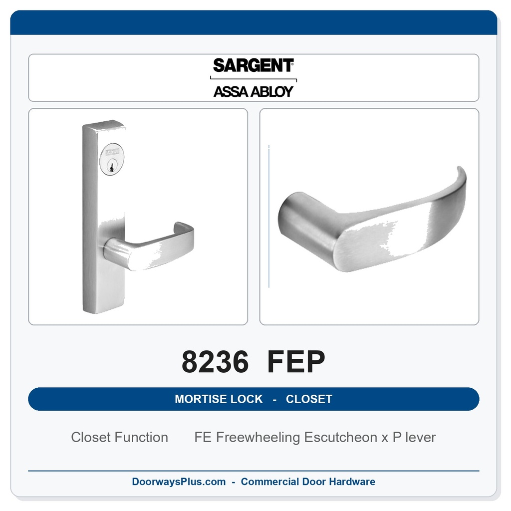 Sargent 8236 FEP Trim Closet Mortise Lockset | LA Keyway, Grade 1 Commercial