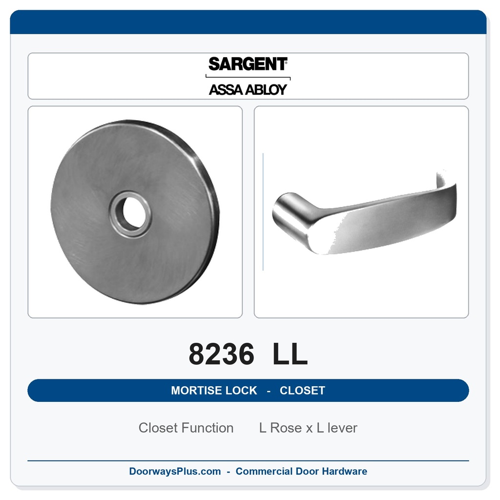 Sargent 8236 LL Trim Closet Mortise Lockset | LA Keyway, Grade 1 Commercial