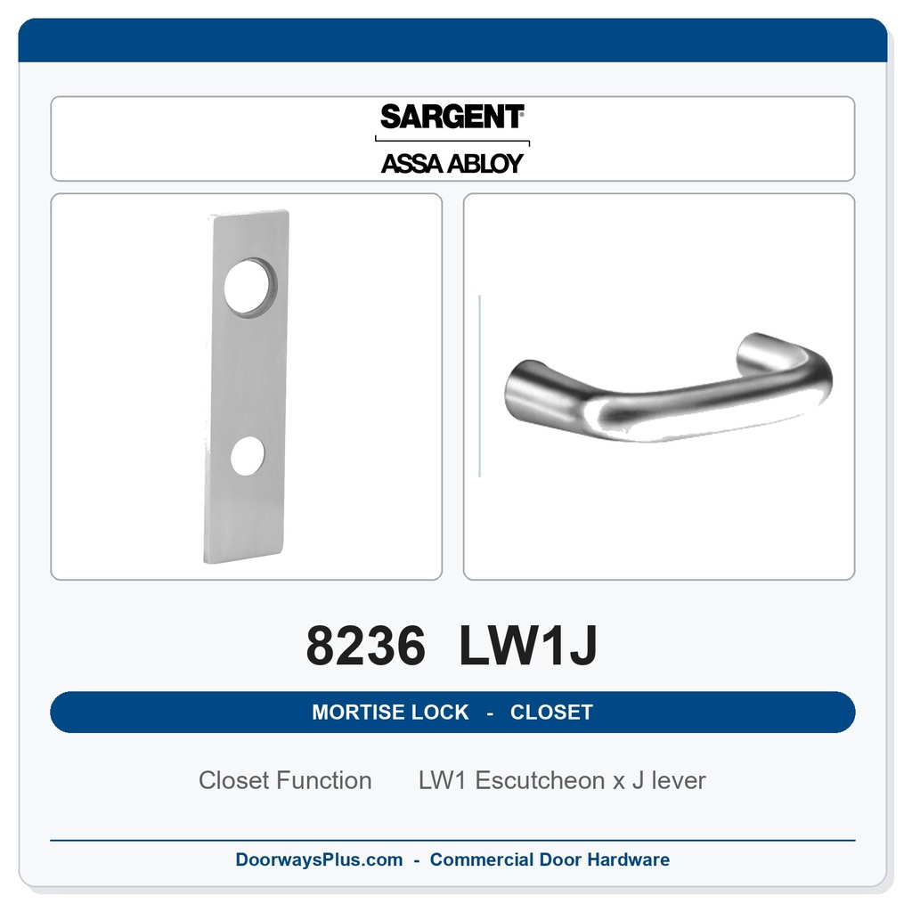 Sargent 8236 LW1J Trim Closet Mortise Lockset | LA Keyway, Grade 1 Commercial