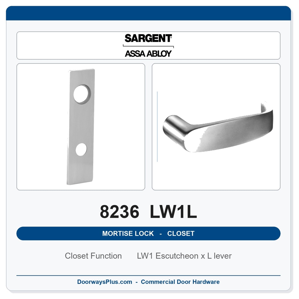 Sargent 8236 LW1L Trim Closet Mortise Lockset | LA Keyway, Grade 1 Commercial