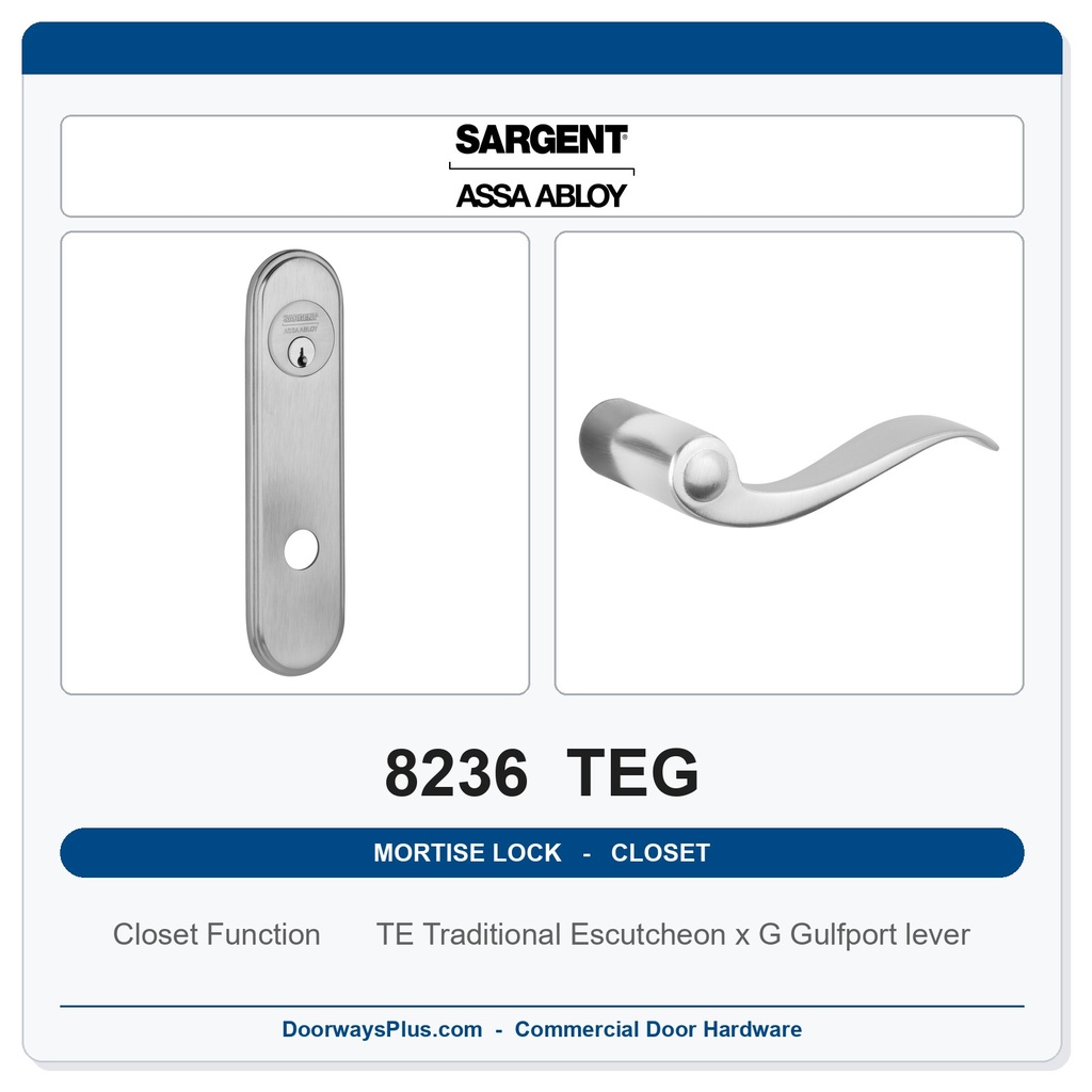 Sargent 8236 TEG Trim Closet Mortise Lockset | LA Keyway, Grade 1 Commercial