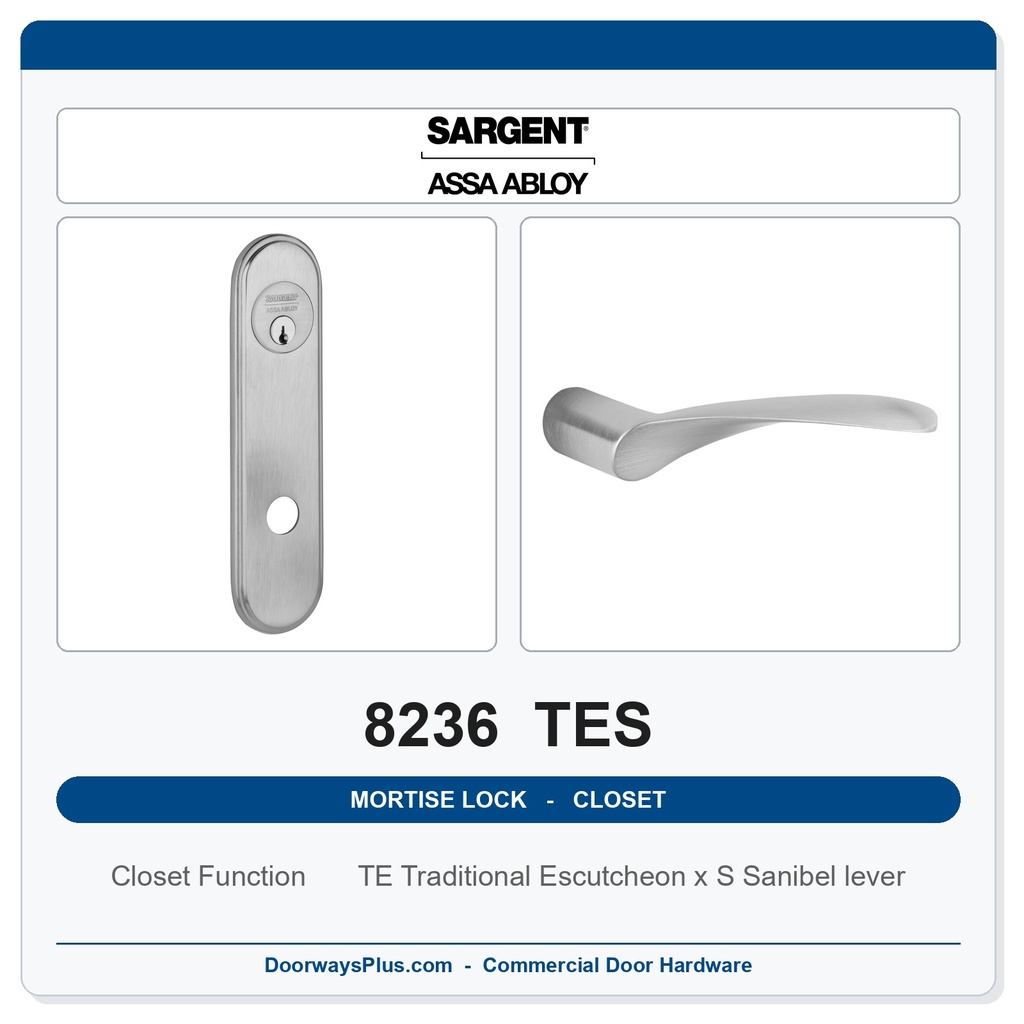 Sargent 8236 TES Trim Closet Mortise Lockset | LA Keyway, Grade 1 Commercial