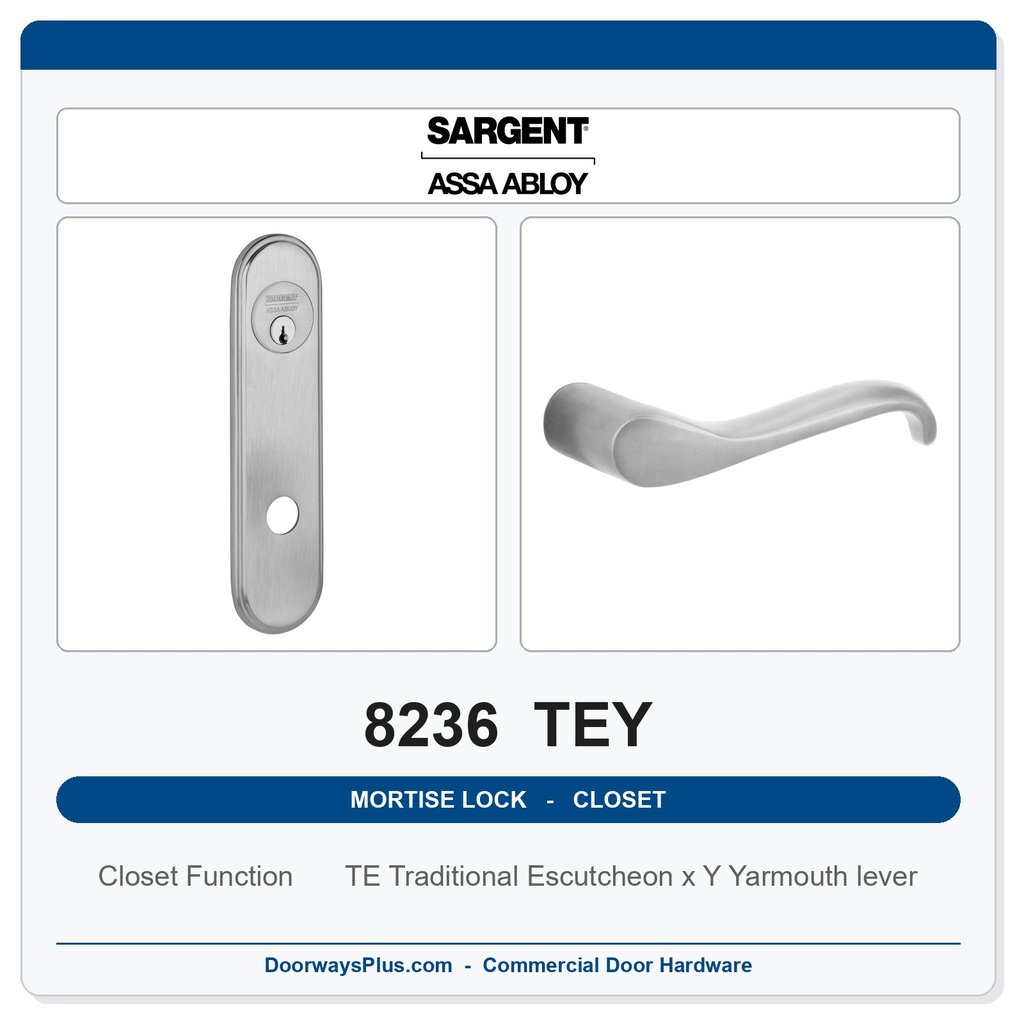 Sargent 8236 TEY Trim Closet Mortise Lockset | LA Keyway, Grade 1 Commercial