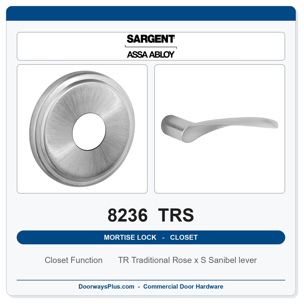 Sargent 8236 TRS Trim Closet Mortise Lockset | LA Keyway, Grade 1 Commercial