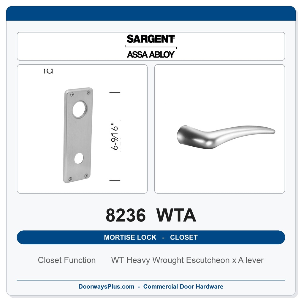 Sargent 8236 WTA Trim Closet Mortise Lockset | LA Keyway, Grade 1 Commercial