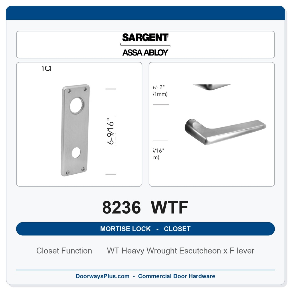 Sargent 8236 WTF Trim Closet Mortise Lockset | LA Keyway, Grade 1 Commercial
