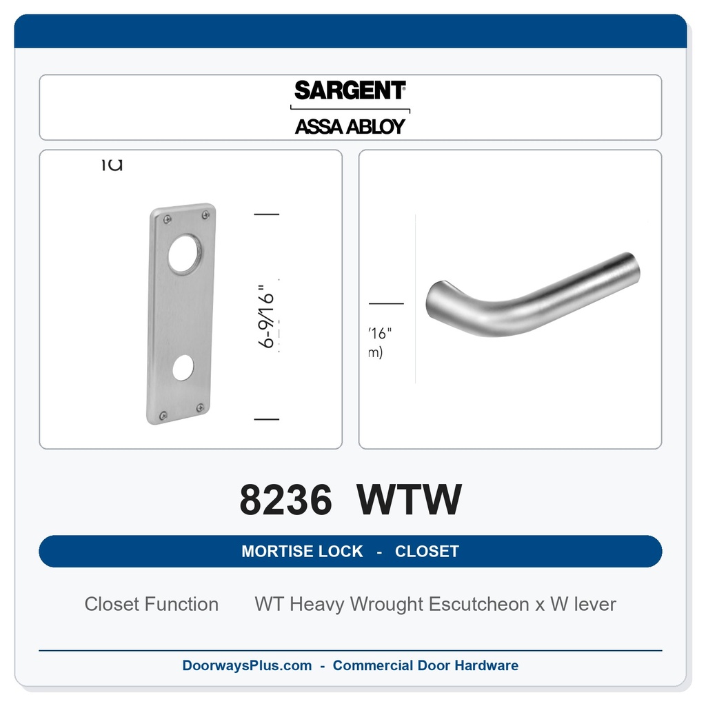 Sargent 8236 WTW Trim Closet Mortise Lockset | LA Keyway, Grade 1 Commercial