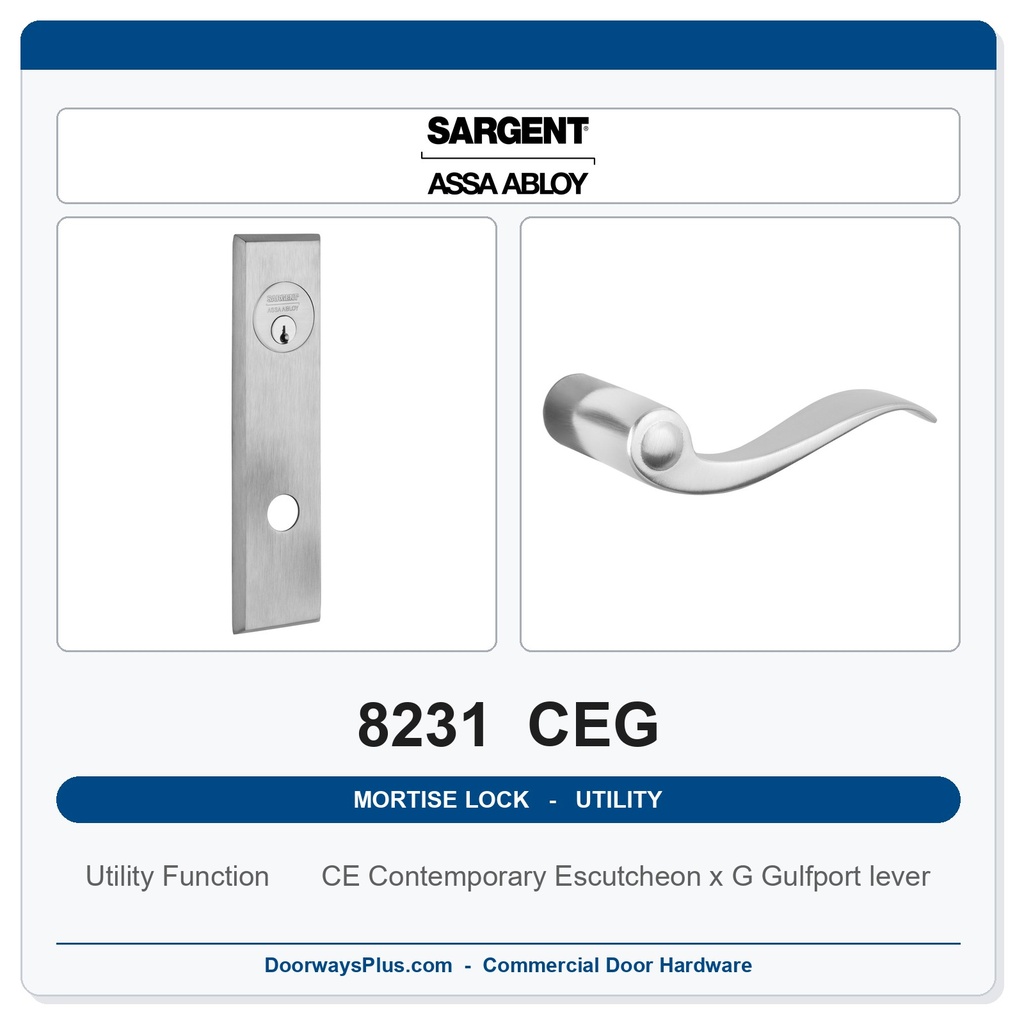 Sargent 8231 CEG Trim Utility Mortise Lockset | LA Keyway, Grade 1 Commercial