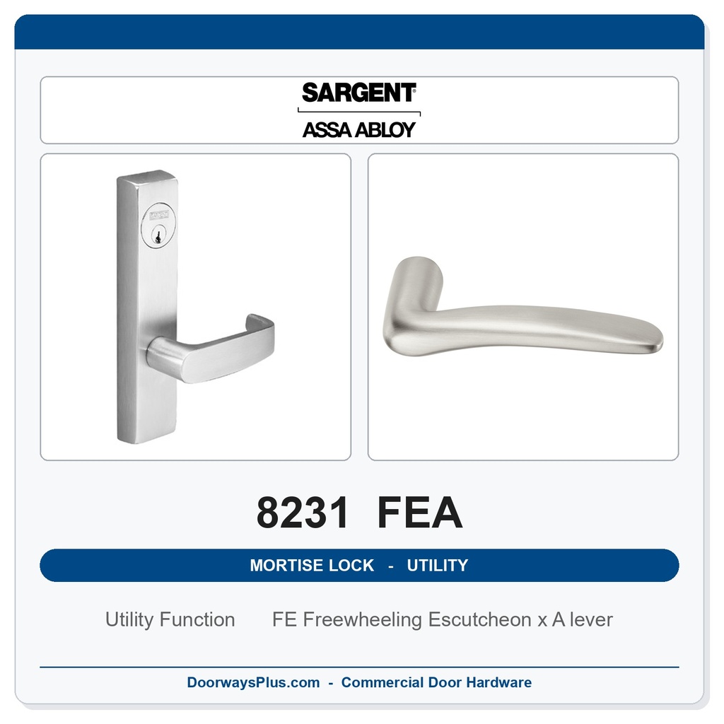Sargent 8231 FEA Trim Utility Mortise Lockset | LA Keyway, Grade 1 Commercial