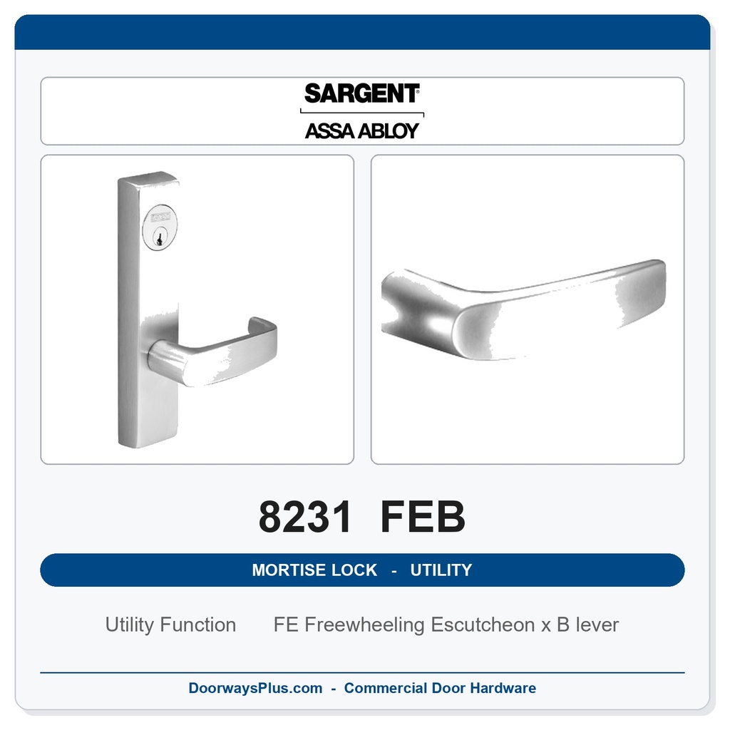 Sargent 8231 FEB Trim Utility Mortise Lockset | LA Keyway, Grade 1 Commercial