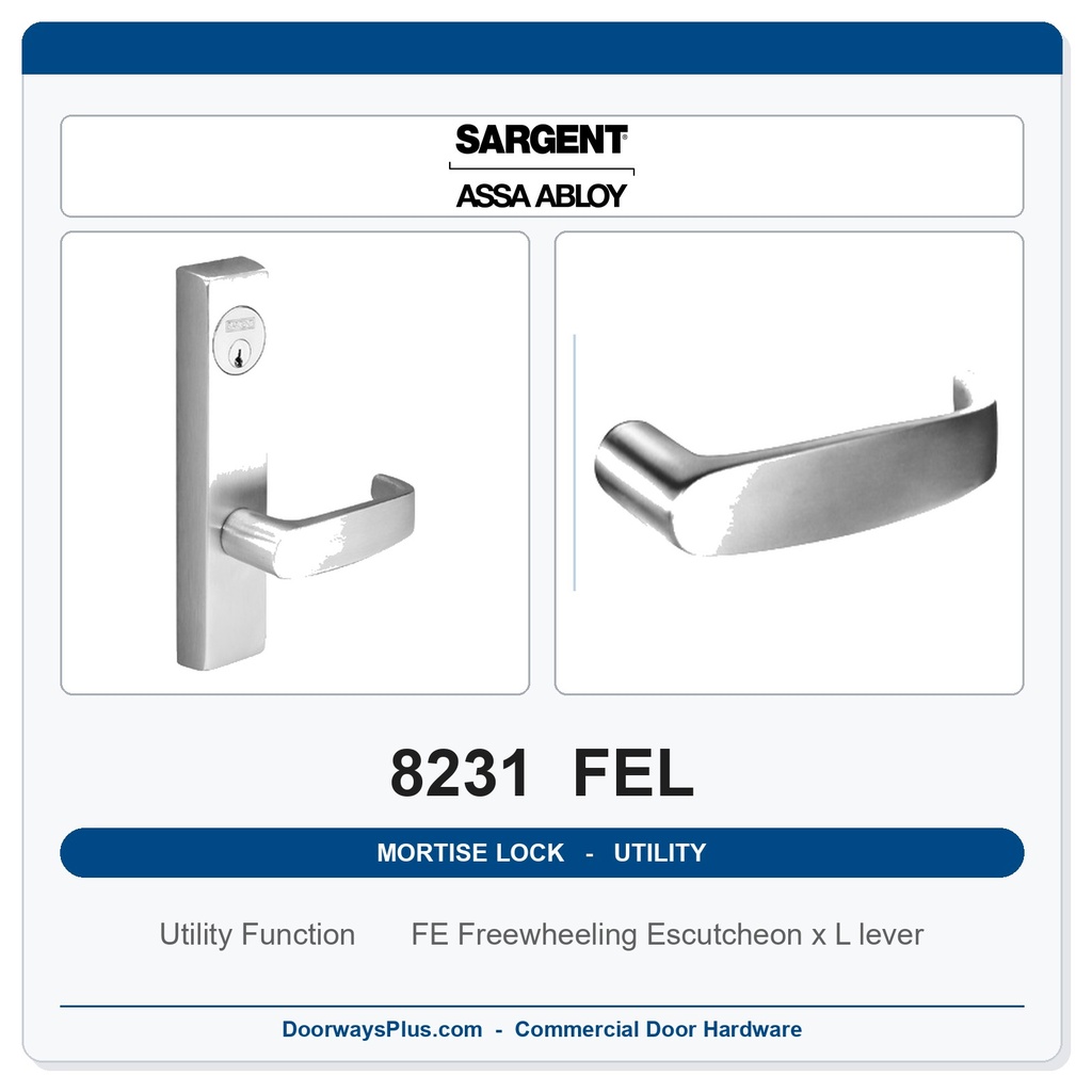 Sargent 8231 FEL Trim Utility Mortise Lockset | LA Keyway, Grade 1 Commercial