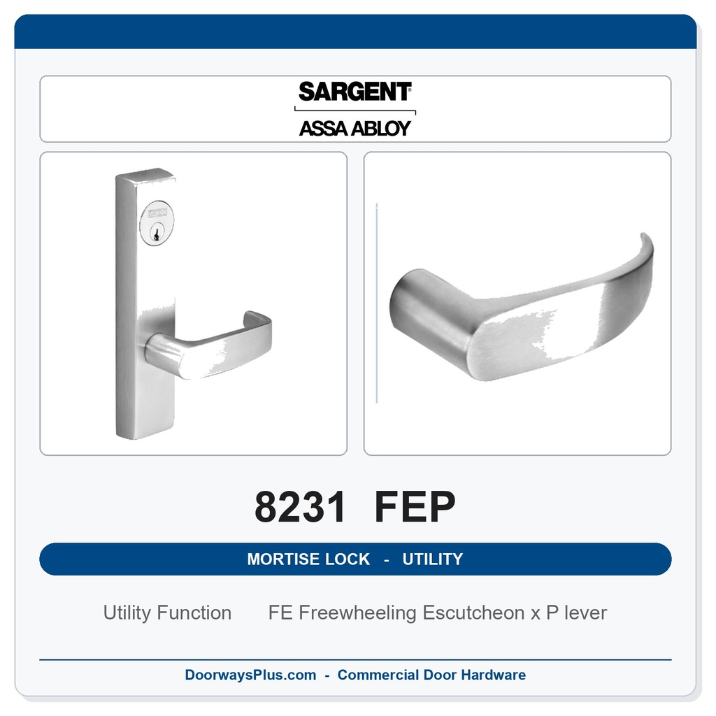 Sargent 8231 FEP Trim Utility Mortise Lockset | LA Keyway, Grade 1 Commercial
