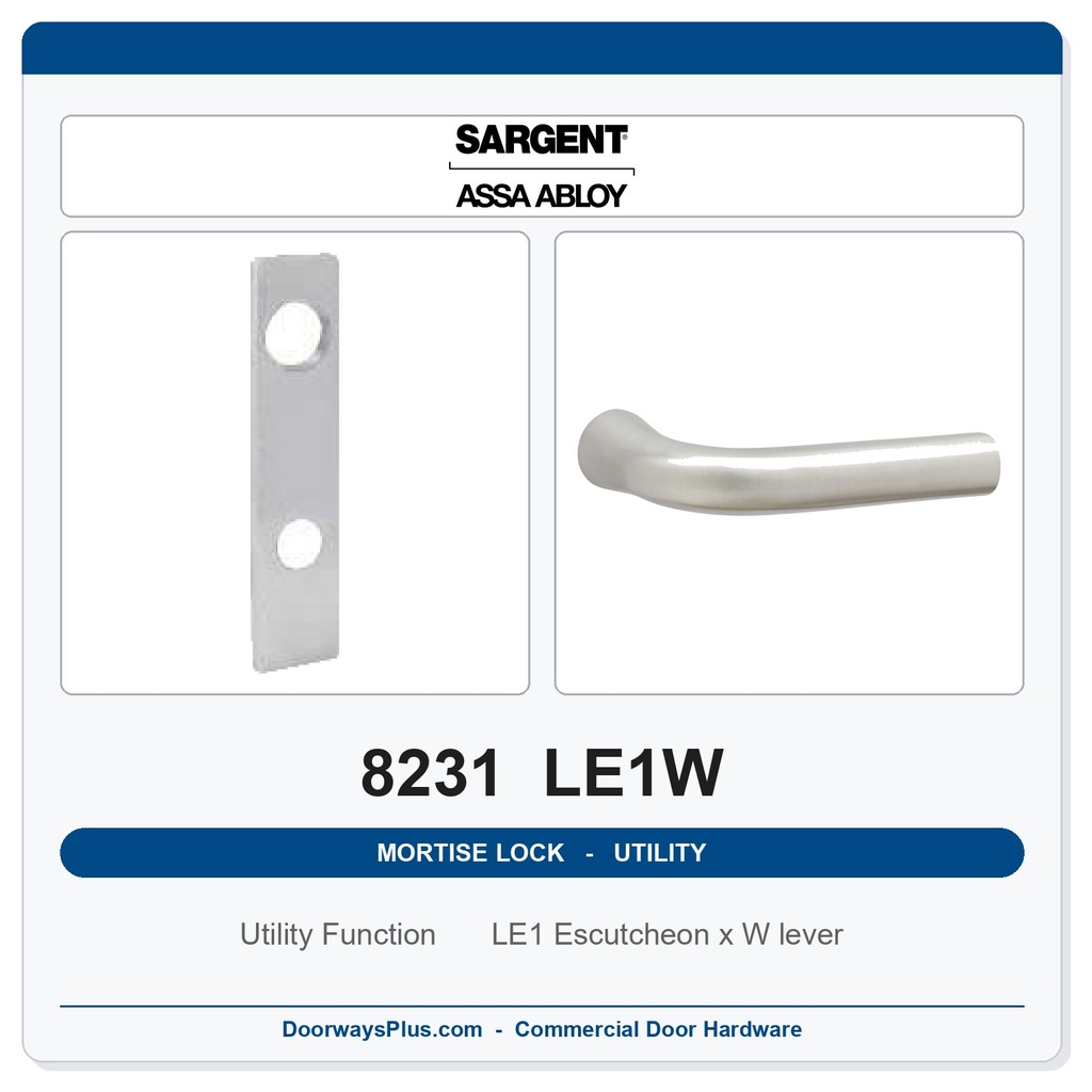 Sargent 8231 LE1W Trim Utility Mortise Lockset | LA Keyway, Grade 1 Commercial