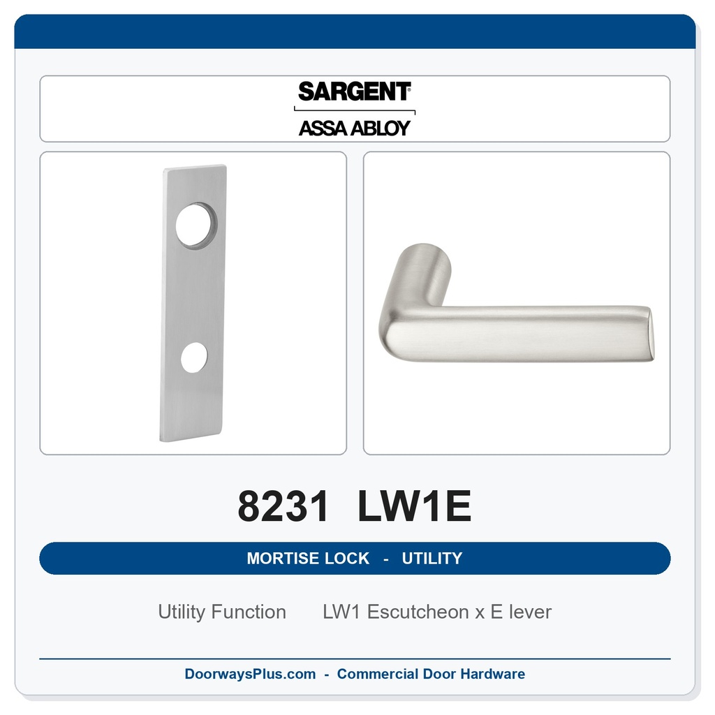 Sargent 8231 LW1E Trim Utility Mortise Lockset | LA Keyway, Grade 1 Commercial