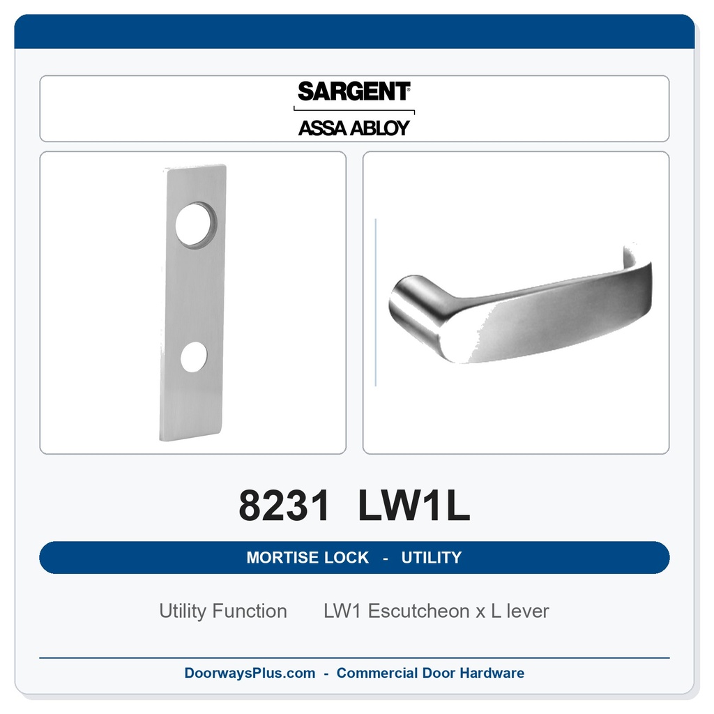 Sargent 8231 LW1L Trim Utility Mortise Lockset | LA Keyway, Grade 1 Commercial
