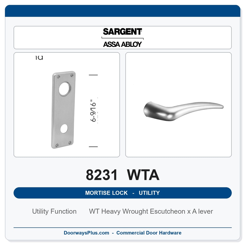 Sargent 8231 WTA Trim Utility Mortise Lockset | LA Keyway, Grade 1 Commercial